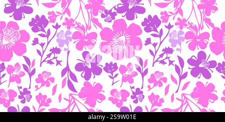 Fiori piatti semplici rosa e viola su sfondo senza cuciture. disegno a mano. Non ai, illustrazione vettoriale Illustrazione Vettoriale