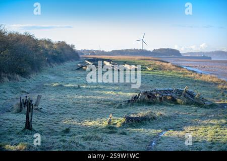 Vedute gelide dei Purton Hulks, navi deliberatamente sbarcate sul fiume Severn vicino a Sharpness per proteggere le rive tra l'estuario delle maree e il fiume Foto Stock