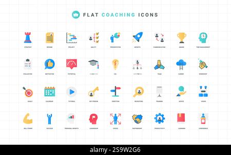 Set di icone a colori per mentoring, formazione aziendale in workshop e seminari interattivi. Supporto e consigli da parte di esperti di mentor per lo sviluppo professionale, la guida, l'illustrazione vettoriale degli elementi piatti della conoscenza Illustrazione Vettoriale