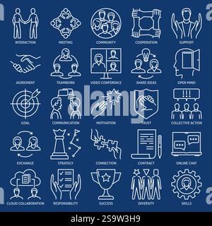Set di icone della linea di cooperazione del team. Illustrazione vettoriale con linea modificabile. Illustrazione Vettoriale