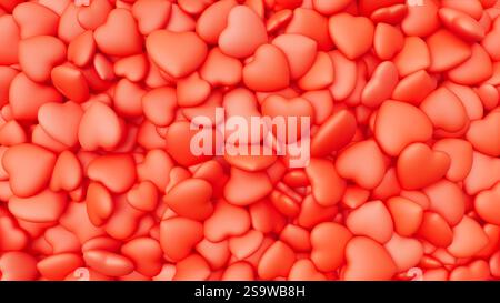Sfondo Red Hearts per San Valentino. Un mucchio di cuori. Sfondo romantico. illustrazione di rendering 3d. Foto Stock