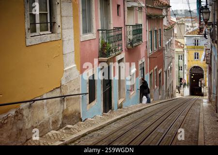 Strada collinare con le piste del tram a Lisbona - Elevador da Bica Foto Stock
