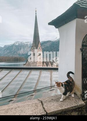 Incantevoli scenari invernali da Hallstatt, Austria, un pittoresco villaggio lacustre incastonato nelle Alpi austriache. Foto Stock