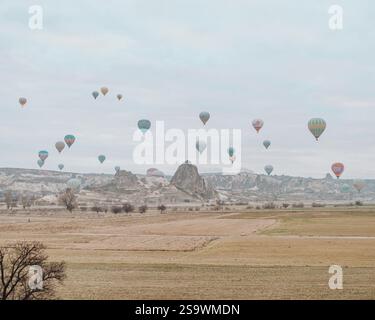 Fotografia mozzafiato di mongolfiere che sorvolano il paesaggio surreale della Cappadocia, Turchia, all'alba. Foto Stock