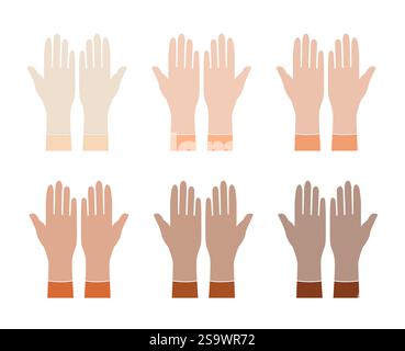 Set di guanti in gomma di diverse nazionalità mani accessori indumenti per illustrazioni tecniche indumenti. Vista posteriore con palmo frontale vettoriale per uomo, donna, modello piatto unisex modello mockup a cartoni animati Illustrazione Vettoriale