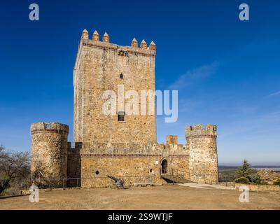 Vista aerea del castello di Nogales in Spagna con torre omaggio, merlature e 4 torri circolari sulla cima di una collina Foto Stock