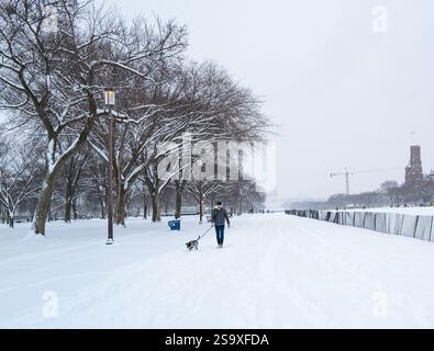 Washington, D.C., U.S.A. - 6 gennaio 2025: Un uomo cammina con il suo cane lungo il National Mall in una giornata nevosa d'inverno. Foto Stock