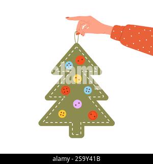 Ho sentito l'albero di Natale. Mano femminile che tiene l'albero di Natale da tessuto, fili verdi, iuta. Decorazioni alternative per le vacanze. Illustrazione vettoriale piatta Illustrazione Vettoriale