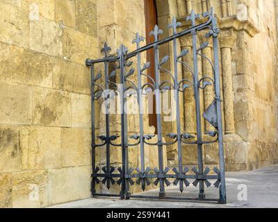 Cancello di ferro sull'ingresso laterale della vecchia cattedrale di Coimbra. Foto Stock