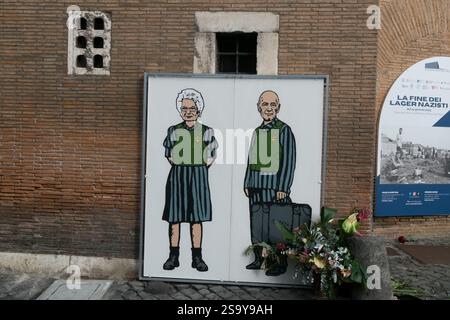 Roma, Italia, Italia. 27 gennaio 2025. Murale intitolato ''Anti-semitismo, ripetizione della storia'' creato dall'artista AleXsandro Palombo, raffigurante la senatrice per la vita Liliana Segre insieme a Sami Modiano, situato vicino al Museo Shoah di Roma. (Credit Image: © Andrea Ronchini/Pacific Press via ZUMA Press Wire) SOLO USO EDITORIALE! Non per USO commerciale! Foto Stock