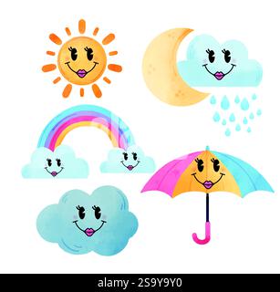 Vettore Meteo acquerello, previsione Meteo illustrazione vettoriale acquerello Illustrazione Vettoriale