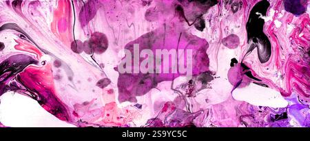 Sfondo in marmo astratto di diversi colori e sfumature di rosso, rosa, viola, bianco e nero. Macchie e sfocature caotiche, più dettagli e linee sottili. Sfondo orizzontale. Foto Stock