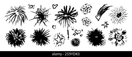Fuochi d'artificio su sfondo bianco. Matita a matita per disegnare forme geometriche rotonde e turbolenza. Collezione di segni della vittoria di colore nero. Come i bambini che dipingono a mano Illustrazione Vettoriale