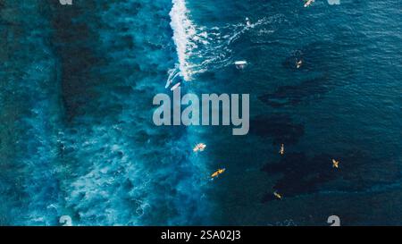 Vista aerea di molti surfisti durante il surf sulle onde dell'oceano. Onde con surfisti nell'oceano Foto Stock