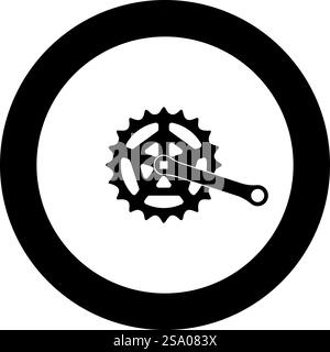 Ruota dentata guarnitura lunghezza manovella con ingranaggio per sistema di cassette per biciclette icona bicicletta in cerchio di colore nero vettoriale immagine contorno solido stile semplice. Ruota dentata guarnitura lunghezza manovella con ingranaggio per sistema di cassette per biciclette icona bicicletta in cerchio di colore nero vettoriale immagine contorno pieno Illustrazione Vettoriale