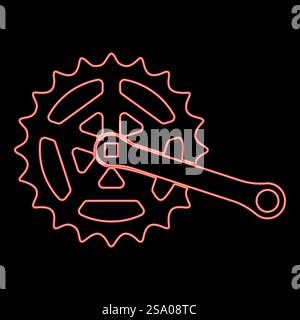 Guarnitura al neon ruota dentata lunghezza manovella con ingranaggio per sistema di cassette bicicletta bicicletta colore rosso immagine vettoriale luce piatta. Guarnitura al neon ruota dentata lunghezza manovella con ingranaggio per sistema di cassette bicicletta bicicletta colore rosso immagine vettoriale stile piatto Illustrazione Vettoriale