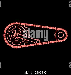 Catena al neon collegamento bicicletta moto moto moto guarnitura a due elementi ruota dentata lunghezza manovella con ingranaggio per bicicletta sistema di cassette bici colore rosso immagine vettoriale luce piatta. Catena al neon collegamento bicicletta moto moto moto guarnitura a due elementi ruota dentata lunghezza albero motore con ingranaggio per sistema di cassette bicicletta bicicletta colore rosso immagine vettoriale stile piatto Illustrazione Vettoriale