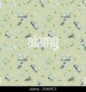Rami di ulivo con foglie e fiori in uno stile realistico, motivo senza cuciture. Illustrazione ad acquerello verde botanico disegnato a mano con frutta verde e nera su sfondo di oliva per carta da imballaggio. Foto Stock
