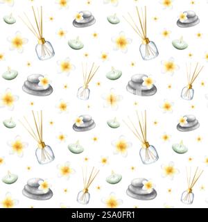 Diffusore di aromi, candele, fiori di plumeria e ciottoli impilati. Motivo senza cuciture isolato ad acquerello disegnato a mano con frangipani per striscioni o sfondo, carta da imballaggio, tessuto, design di un salone termale. Foto Stock