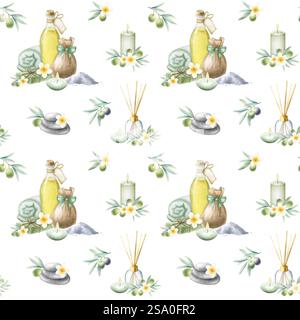 Olio d'oliva, sapone aleppo, sale marino, asciugamano arrotolato, candele, fiori di frangipani e rami di ulivo. Motivo senza cuciture isolato ad acquerello disegnato a mano per imballaggi, tessuti, tessuti e design di un salone termale. Foto Stock