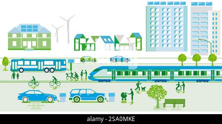 Treno espresso e autobus, auto elettriche, città verde, illustrazione ritagliata Foto Stock