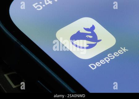 L'icona dell'app DeepSeek viene visualizzata sullo schermo di un iPhone. DeepSeek è una startup cinese di intelligenza artificiale con sede a Hangzhou. Foto Stock