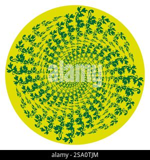 Cerchio a spirale floreale. Turbolenza a foglia verde. Schema frattale vettoriale. Sfondo giallo brillante. Illustrazione Vettoriale