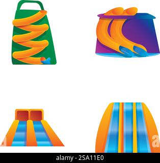Le icone delle attrazioni acquatiche impostano il vettore dei cartoni animati. Vari scivoli d'acqua. Aquapark, parco divertimenti. Le icone delle attrazioni acquatiche impostano il vettore dei cartoni animati. Vari scivoli d'acqua Illustrazione Vettoriale