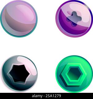 Le icone dei bulloni in acciaio impostano il vettore dei cartoni animati. Vite e bullone in metallo. Dispositivo di fissaggio, attrezzo di riparazione. Le icone dei bulloni in acciaio impostano il vettore dei cartoni animati. Vite e bullone in metallo Illustrazione Vettoriale