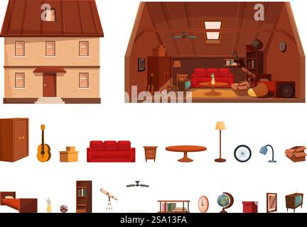 Le icone Garret impostano il vettore dei cartoni animati. Mansarda all'attico. Legno per la casa. Le icone Garret impostano il vettore dei cartoni animati. Mansarda all'attico Illustrazione Vettoriale