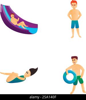 Le icone per la ricreazione dell'Aquapark impostano il vettore dei cartoni animati. Persone durante le vacanze estive. Attrazione acquatica. Le icone per la ricreazione dell'Aquapark impostano il vettore dei cartoni animati. Persone durante le vacanze estive Illustrazione Vettoriale