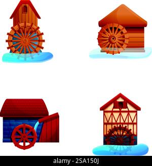 Le icone del vecchio mulino ad acqua impostano il vettore dei cartoni animati. La struttura in legno utilizza l'energia idroelettrica fluviale. Fresa ad acqua. Le icone del vecchio mulino ad acqua impostano il vettore dei cartoni animati. La struttura in legno utilizza l'energia idroelettrica fluviale Illustrazione Vettoriale