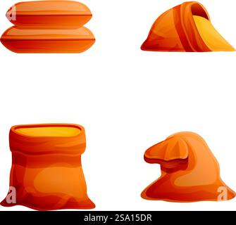 Le icone dei sacchetti di cereali impostano il vettore dei cartoni animati. Cereali e cereali in sacchetto di tessuto. Trasporto e stoccaggio del raccolto. Le icone dei sacchetti di cereali impostano il vettore dei cartoni animati. Cereali e cereali in sacchetto di tessuto Illustrazione Vettoriale