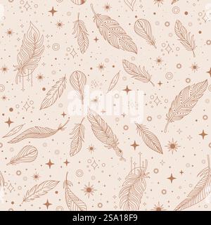 Magica piume e stelle lineari mocha motivo senza cuciture. Illustrazione vettoriale in stile etnico. Magia e stregoneria, astrologia. Per la carta da parati Illustrazione Vettoriale