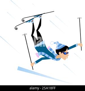 Sport invernali. Caduta da sciatrice. Sciatrice. Isolato su sfondo bianco Illustrazione Vettoriale