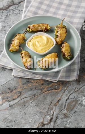 Peperoni jalapeno al forno con carne macinata e formaggio serviti con salsa da vicino in un piatto sul tavolo. Verticale Foto Stock