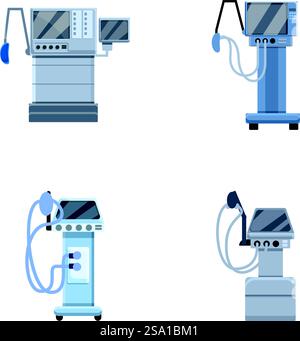 Le icone dei ventilatori medici impostano il vettore dei cartoni animati. Apparecchiatura per la ventilazione polmonare. Supporto vitale o rianimazione. Le icone dei ventilatori medici impostano il vettore dei cartoni animati. Apparecchiatura per la ventilazione polmonare Illustrazione Vettoriale