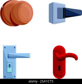 Le icone delle maniglie delle portiere impostano il vettore dei cartoni animati. Maniglia per porta di ingresso e interna. Elemento interno. Le icone delle maniglie delle portiere impostano il vettore dei cartoni animati. Maniglia per porta di ingresso e interna Illustrazione Vettoriale