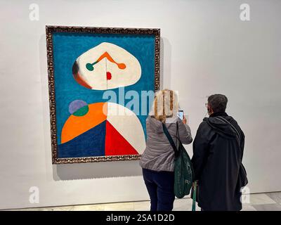 Museo Nacional Centro de Arte Reina Sofia. Due visitatori sono visti guardando un capolavoro di Joan Miró, Madrid, Spagna, 9 ottobre 2024 Foto Stock