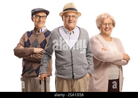 Gruppo di anziani in posizione isolata su sfondo bianco Foto Stock