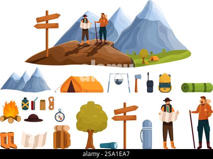 Le icone dei viaggi di trekking uomo impostano il vettore dei cartoni animati. Mappa turistica. Escursionista attivo nella natura. Le icone dei viaggi di trekking uomo impostano il vettore dei cartoni animati. Mappa turistica Illustrazione Vettoriale