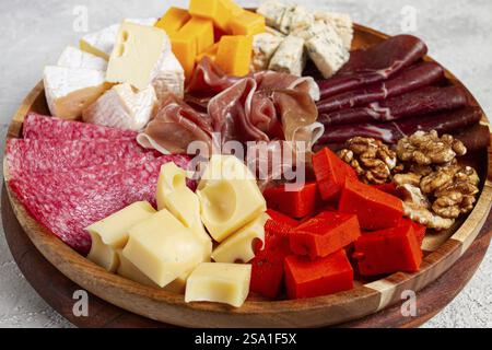 Assortimento di tagli di carne di formaggio, su un piatto, vista dall'alto, nessuno Foto Stock