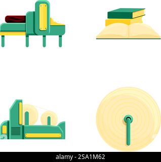 Le icone di produzione della carta impostano il vettore dei cartoni animati. Apparecchiature per la produzione di carta. Processo automatizzato. Le icone di produzione della carta impostano il vettore dei cartoni animati. Apparecchiature per la produzione di carta Illustrazione Vettoriale