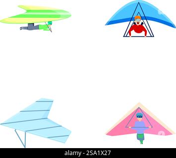 Le icone del deltaplano impostano il vettore dei cartoni animati. L'uomo che vola volando sport estremi. Sport dell'aria, stile di vita attivo. Le icone del deltaplano impostano il vettore dei cartoni animati. L'uomo che vola volando sport estremi Illustrazione Vettoriale
