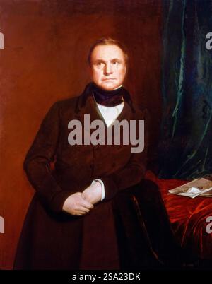 Charles Babbage, (1791-1871), inglese Polymath, Inventor, e ingegnere meccanico, ritrattistica in olio su tela di Samuel Laurence, 1844-1845 Babbage ha originato il concetto di un computer digitale programmabile. È accreditato di aver inventato il primo computer meccanico, il Difference Engine, che alla fine ha portato a progetti elettronici più complessi, anche se tutte le idee essenziali dei computer moderni si trovano nel suo motore analitico, programmato utilizzando un principio apertamente preso in prestito dal telaio Jacquard Foto Stock