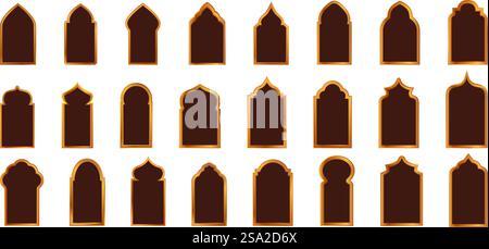 Sagomare le icone della finestra islamica impostare il vettore dei cartoni animati. Elemento telaio. Arco arabo. Sagomare le icone della finestra islamica impostare il vettore dei cartoni animati. Elemento telaio Illustrazione Vettoriale