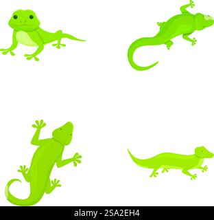 Le icone Gecko impostano il vettore dei cartoni animati. Simpatica lucertola verde dei cartoni animati. Animale, anfibio. Le icone Gecko impostano il vettore dei cartoni animati. Simpatica lucertola verde dei cartoni animati Illustrazione Vettoriale