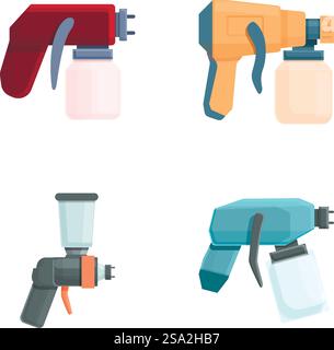 Le icone della pistola a spruzzo impostano il vettore dei cartoni animati. Polverizzatore a pistola con ugello. Pittura industriale e artistica. Le icone della pistola a spruzzo impostano il vettore dei cartoni animati. Polverizzatore a pistola con ugello Illustrazione Vettoriale