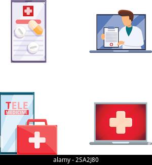 Le icone della medicina telematica impostano il vettore dei cartoni animati. Trattamento medico virtuale. Telemedicina e assistenza sanitaria. Le icone della medicina telematica impostano il vettore dei cartoni animati. Trattamento medico virtuale Illustrazione Vettoriale