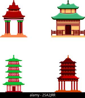 Le icone dei templi cinesi impostano il vettore dei cartoni animati. Edificio tradizionale asiatico. Antica architettura orientale. Le icone dei templi cinesi impostano il vettore dei cartoni animati. Edificio tradizionale asiatico Illustrazione Vettoriale